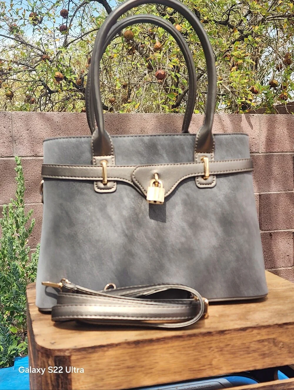 AR New York Grey Leather Satchel Handbag Crossbody Purse Top Handles